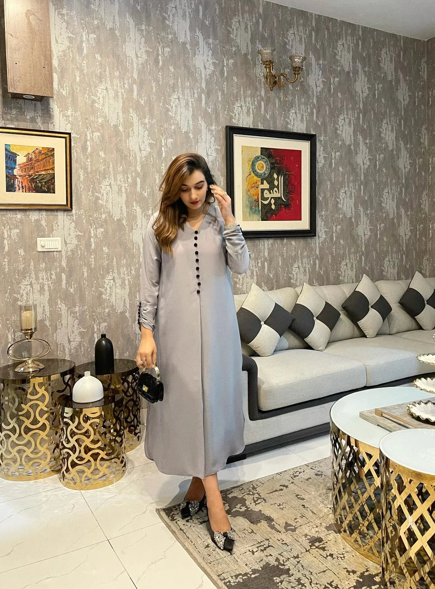 Slate Elegance Front-Button A-Line Long Dress
