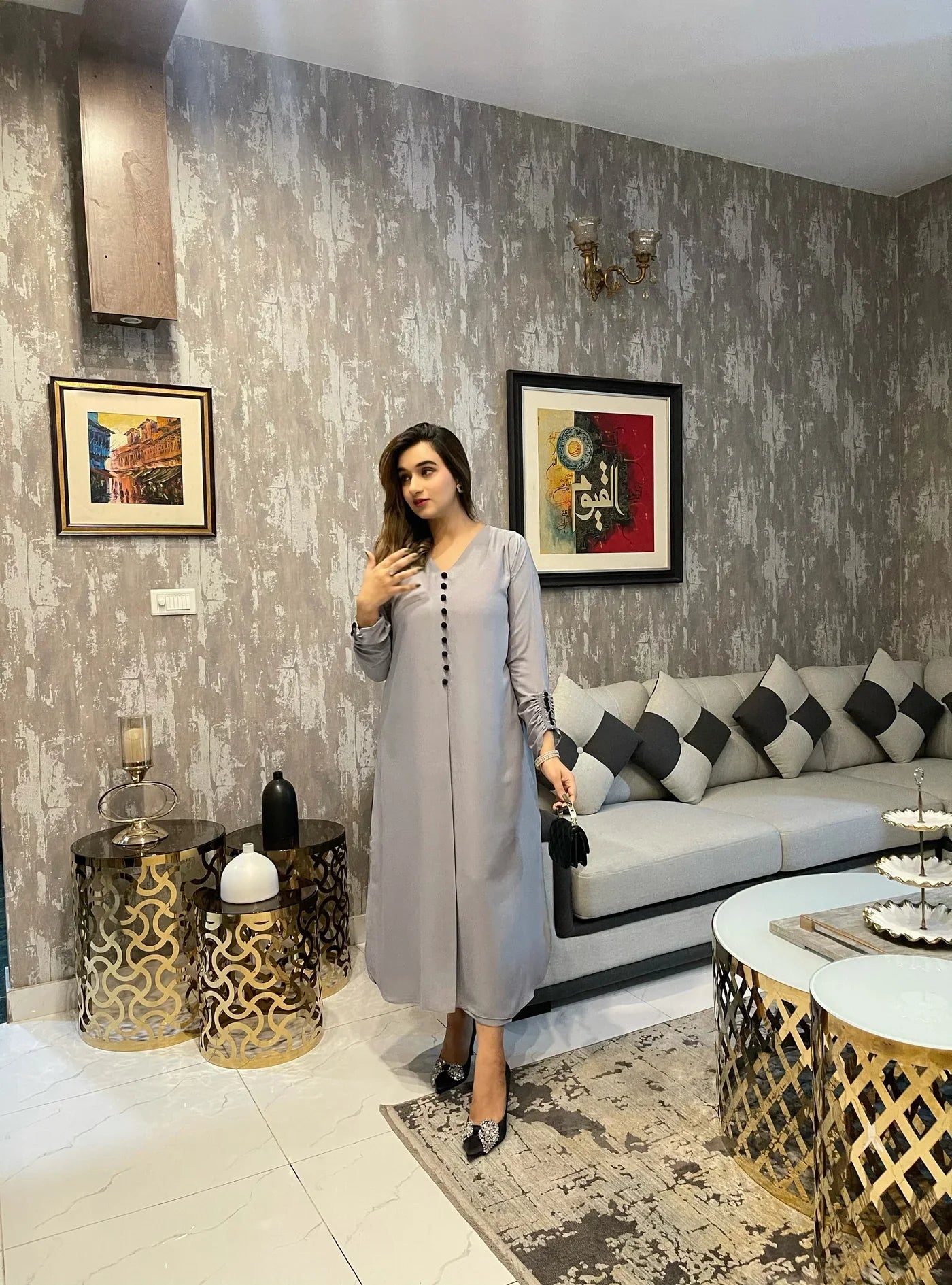 Slate Elegance Front-Button A-Line Long Dress