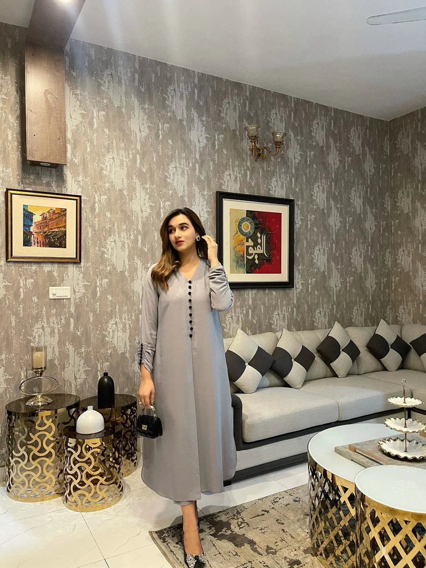 Slate Elegance Front-Button A-Line Long Dress