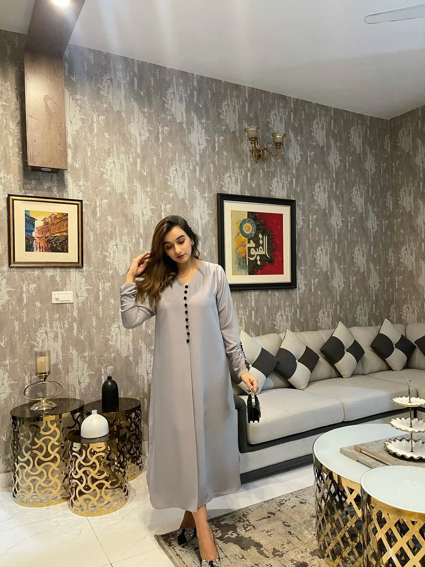 Slate Elegance Front-Button A-Line Long Dress