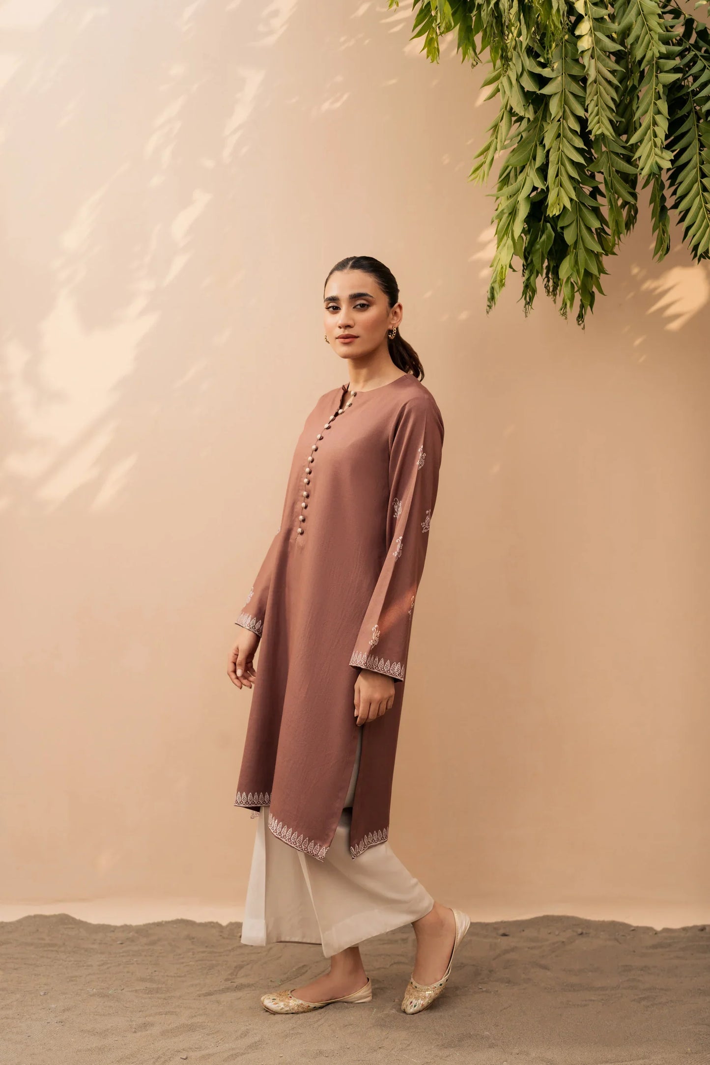 Dusty Rose Embroidered Kurta Set with Pearl Buttons