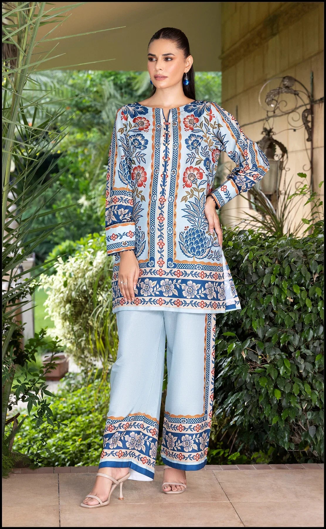 Serene Blue Floral Co-ord Set with Traditional Motifs