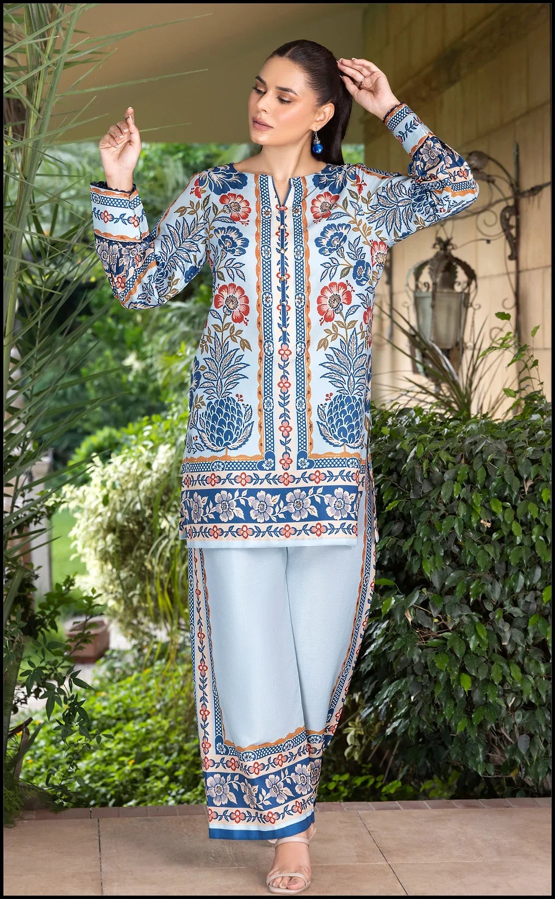 Serene Blue Floral Co-ord Set with Traditional Motifs
